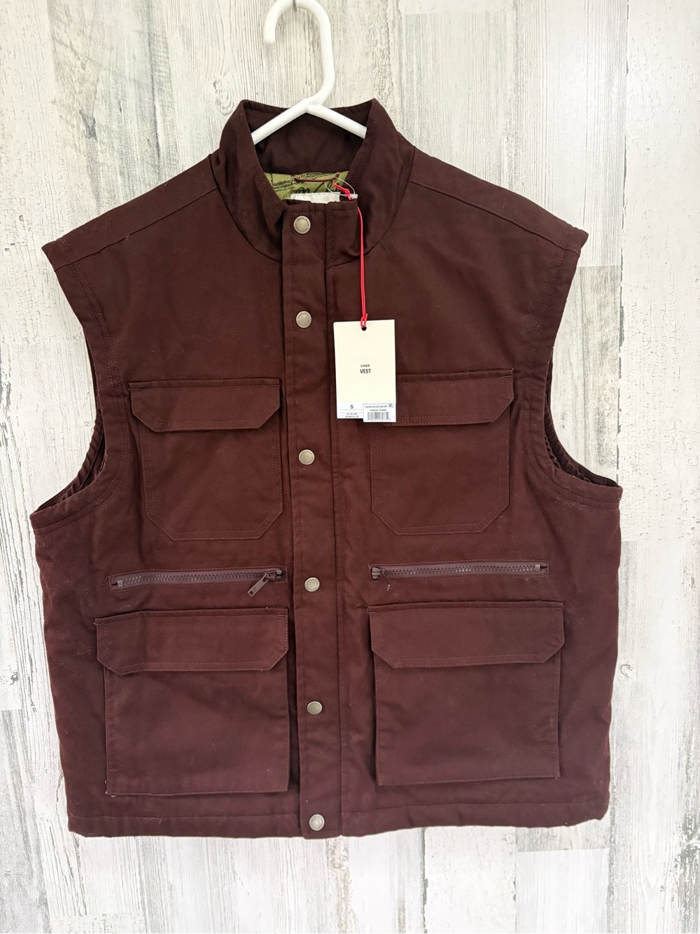 Woolrich Men’s Size Small Full Zip Lined Vest In Brown Multi Pockets NWT